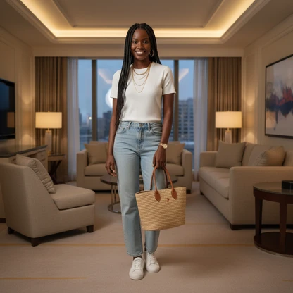 Tommy Hilfiger Summer Barrel Jean Outfit with Raffia Tote