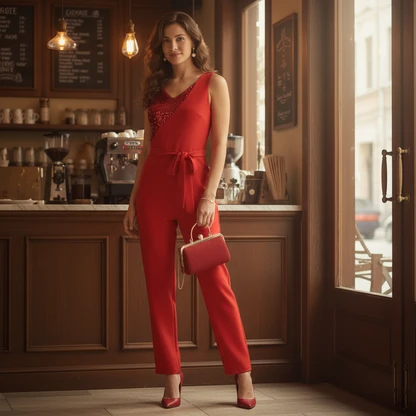 Red Jumpsuit with Pearl Accessories and Lace Clutch Outfit