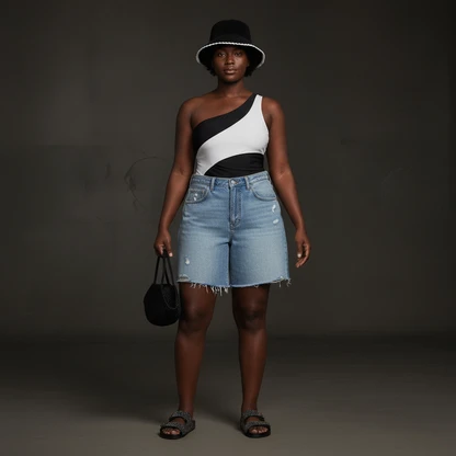 Beachy Boho Outfit with Woven Bag and Denim Shorts