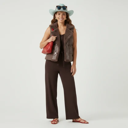 Boho Chic Winter Outfit: Fedora, Vest & Linen Jumpsuit