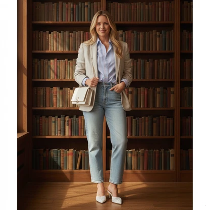 Effortless Summer Blazer Outfit with Barrel Jeans & Woven Heels