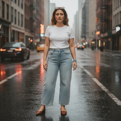 Retro Chic Outfit: Square Glasses, Flats & Barrel Jeans