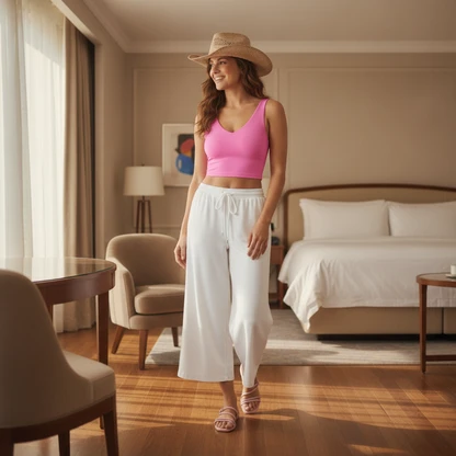 Effortless Summer Chic: Linen Pants, Sandals & Sports Bra Outfit