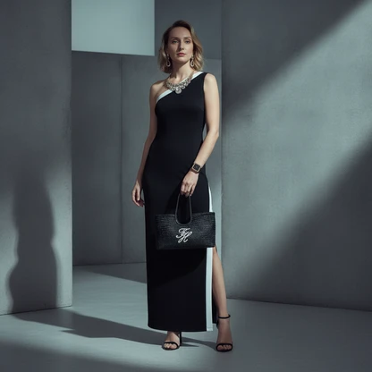 Glamorous Evening Outfit with Raffia Tote & Jewelry Set