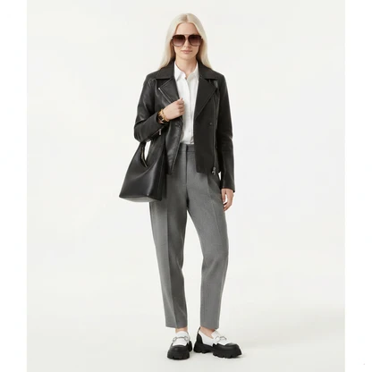 Modern Preppy Outfit with Leather Jacket and Wide-Leg Pants