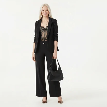 Black Ruched Blazer & Wide-Leg Ponte Pant Outfit for Work