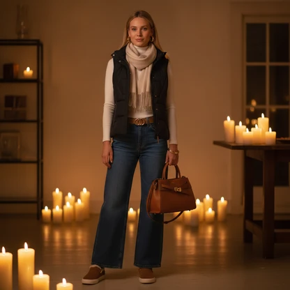 Chic Winter Layering Outfit with Wide-Leg Jeans & Cozy Accents