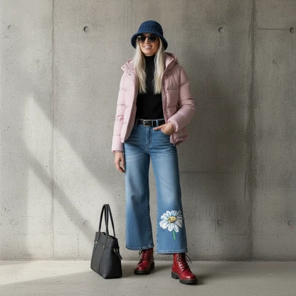 Boho-Chic Fall Outfit: Floral Capri Jeans & Anorak Puffer