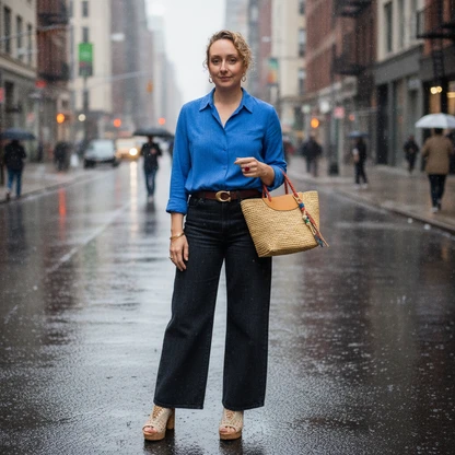 Klein Blue Casual Outfit with Wide Leg Jeans & Accessories
