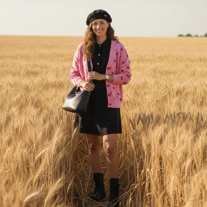 Chic Winter Outfit with Beret Boots Cardigan and Watch