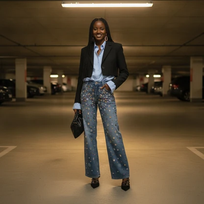 Crystal Embellished Denim & Kitten Heels Night Out Outfit