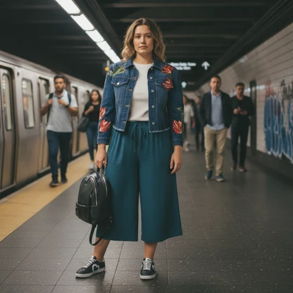 Effortless Chic: Rib-Knit Tee, Long Shorts & Denim Jacket