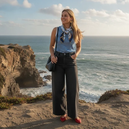 Vintage Wide Leg Jeans Outfit with Silk Scarf & Leather Flats