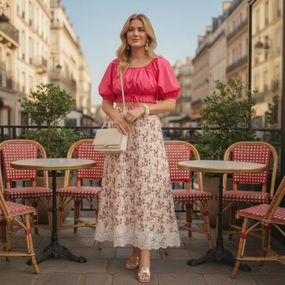Glamorous Evening Outfit with Gold Jewelry and Lace Skirt