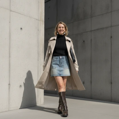 Denim Skirt & Printed Trench Outfit for Chic Spring Style