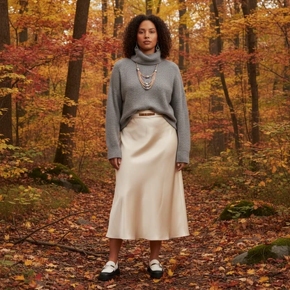 Satin Midi Skirt & Turtleneck Sweater Outfit for Fall