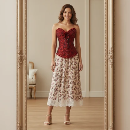 Vintage Lace Corset & Satin Midi Skirt: Romantic Summer Outfit