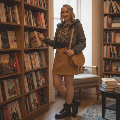 Suede Mini Skirt & Shearling Bootie Outfit with Wide Belt