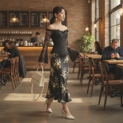 Monogram Crossbody & Floral Midi Skirt: Elegant Steampunk Corset Outfit
