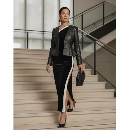 Asymmetric Column Dress & Leather Peplum Jacket Evening Outfit