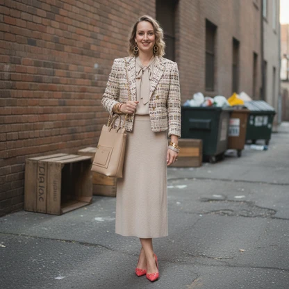 Chic Casual Outfit: Tie Neck Blouse, Knit Skirt & Gold Enamel Ring
