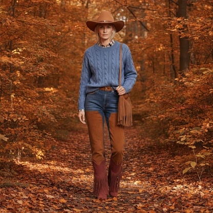 Western Cowboy Hat & Suede-Patchwork Jean Outfit for Women
