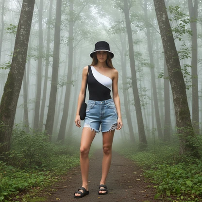 Coastal Boho Summer Outfit with Woven Bag and Denim Shorts