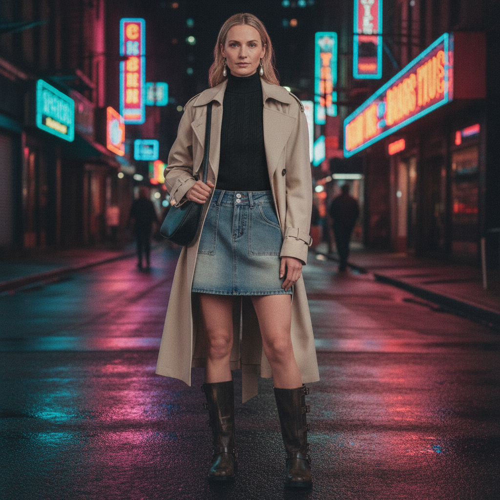 Outfit - Denim Skirt, AMII Minimalist Womens Printed Trench Coat + 4 more