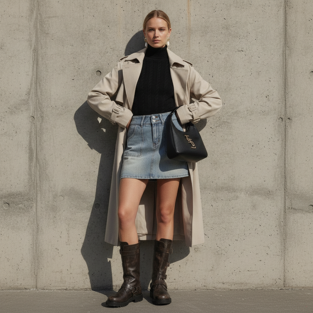 Outfit - Denim Skirt, AMII Minimalist Womens Printed Trench Coat + 4 more