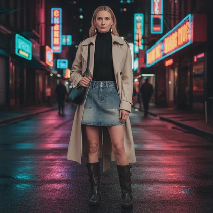 Outfit - Denim Skirt, AMII Minimalist Womens Printed Trench Coat + 4 more