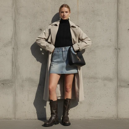 Outfit - Denim Skirt, AMII Minimalist Womens Printed Trench Coat + 4 more