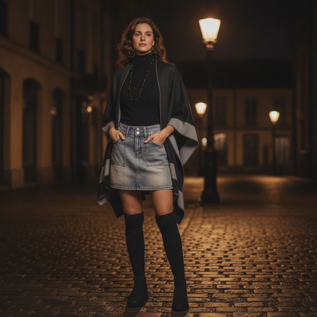 Outfit - Crushed Stone Beaded Necklace, Denim Skirt + 4 more