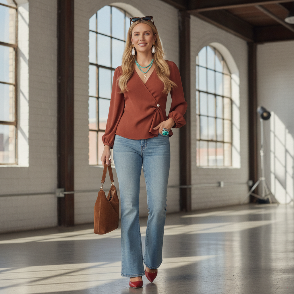 Outfit - Flare jeans, High Heels Stiletto Pumps + 7 more
