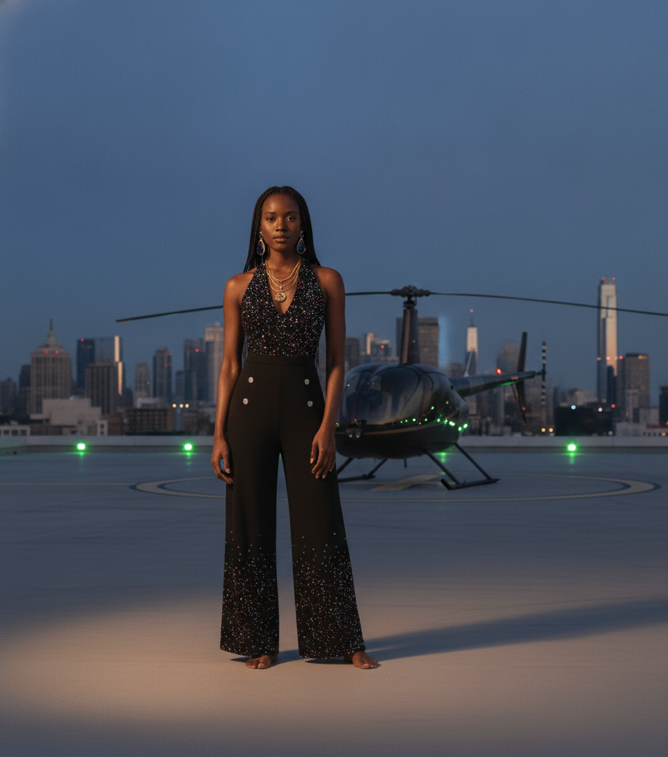 Retro Sequin Jumpsuit Outfit with Crystal Drop Earrings