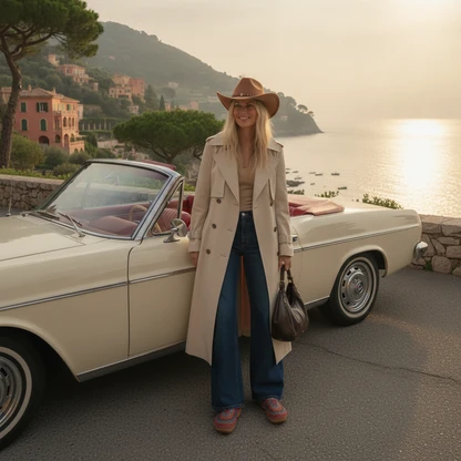 Western-Chic Print Trench Coat Outfit with Cowboy Hat & Tote