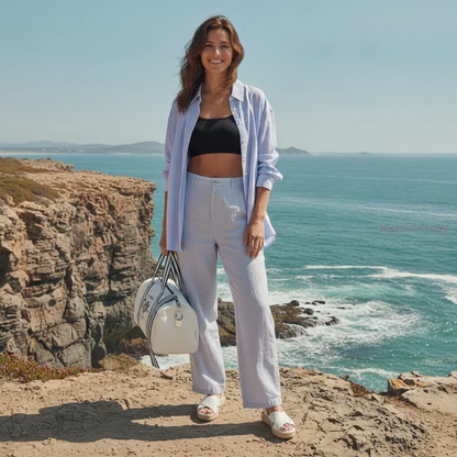 Coastal Summer Outfit: Linen Pants, Bikini & Espadrilles