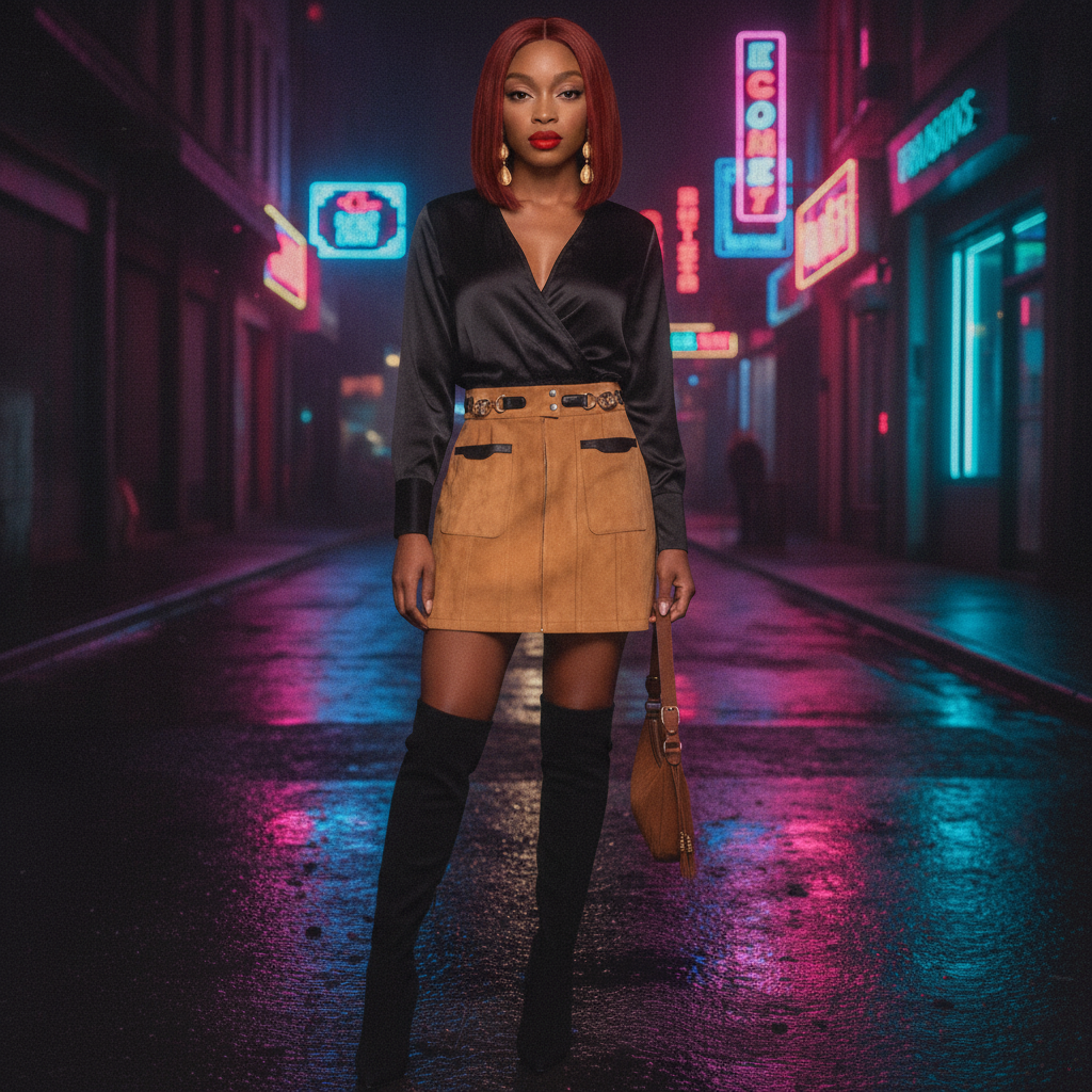 Suede Mini Skirt & Knee-High Boots: Edgy 90s Glam Outfit