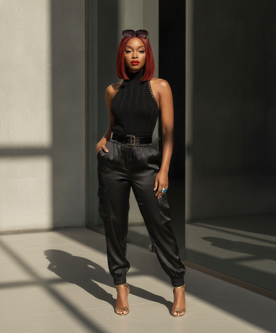 Vintage Glam Wide Belt Outfit with Statement Sunglasses