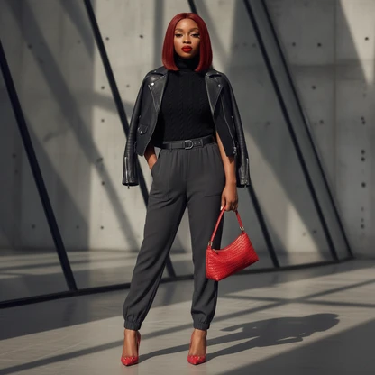 Black Zipper Jacket Outfit with Woven Bag & Heels