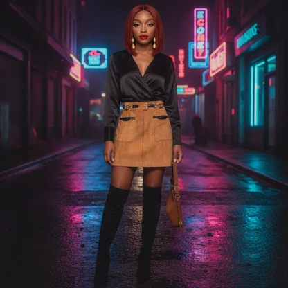 Suede Mini Skirt & Knee-High Boots: Edgy 90s Glam Outfit