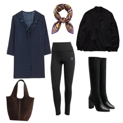 Layered Fall Outfit: Mini Dress, Leggings & Knee-High Boots