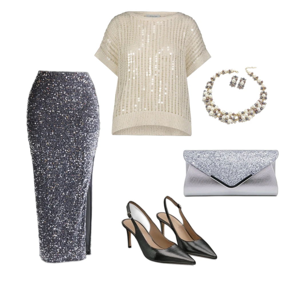 Evening Sparkle Outfit: Sequin Maxi Skirt & Slingback Pump Style