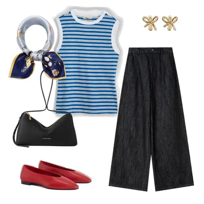 Red Flats Statement Outfit: Silk Scarf & Wide Leg Jeans