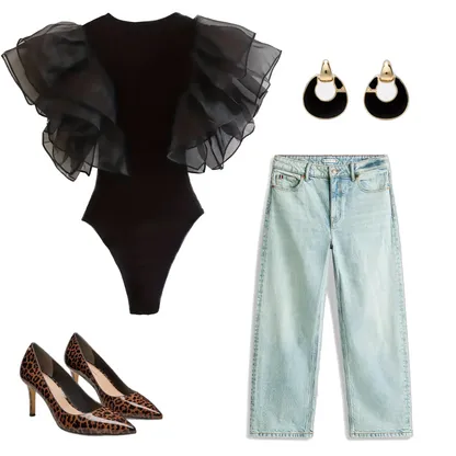 Sophisticated Contrast Mesh Bodysuit & Barrel Leg Jeans Outfit