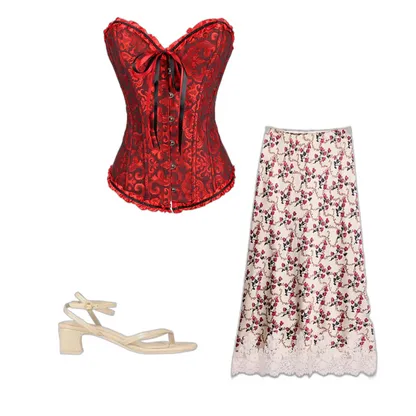 Red Corset Outfit: Vintage Lace Midi Skirt & Leather Sandals