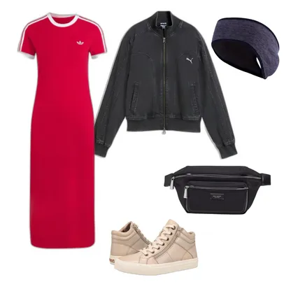Sporty Red Dress Outfit with Belt Bag & High-Top Sneakers