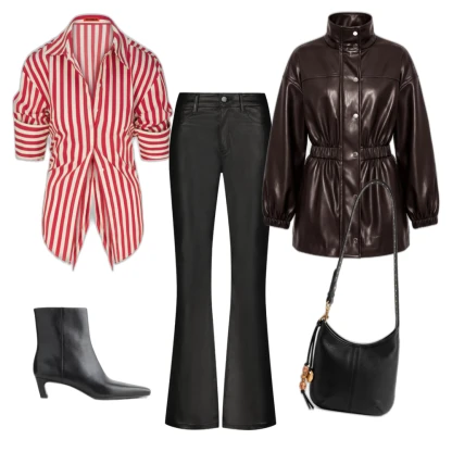 Stripy Outfit: Black Leather Ankle Boots & Vegan Jacket Style