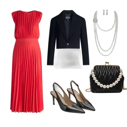 Lady in Red Outfit: Elegant Slingback & Pearl Bag Style