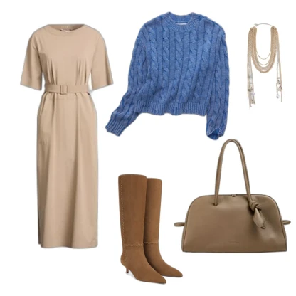 Chic Office Outfit: Midi Dress & Suede Knee-High Boots