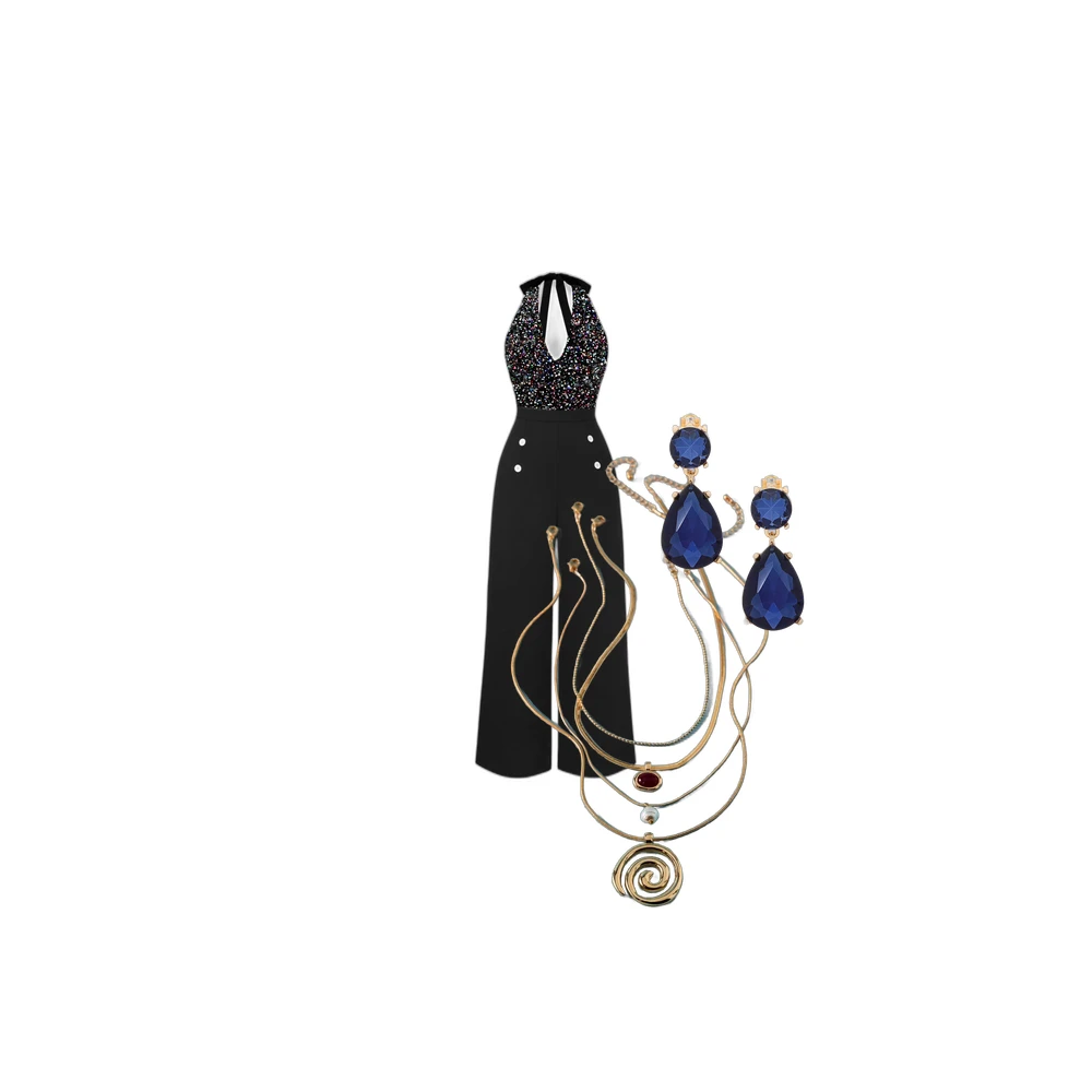 Goddess Night: Retro Gold Sequin Halter Jumpsuit for Women